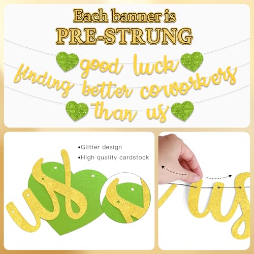 Image of Pre-Strung Good Luck Finding Better Coworkers Than Us Banner, Green Gold Glitter Going Away Party We Will Miss You Decorations, Great for Goodbye Farewell Job Change Party