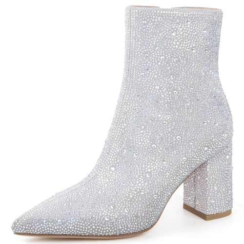 Image of MISSMILLER Rhinestone Boots for Women Sparkly Cowgirl Boots Pointed Toe Chunky Heels Rhinestone Cowboy Boots