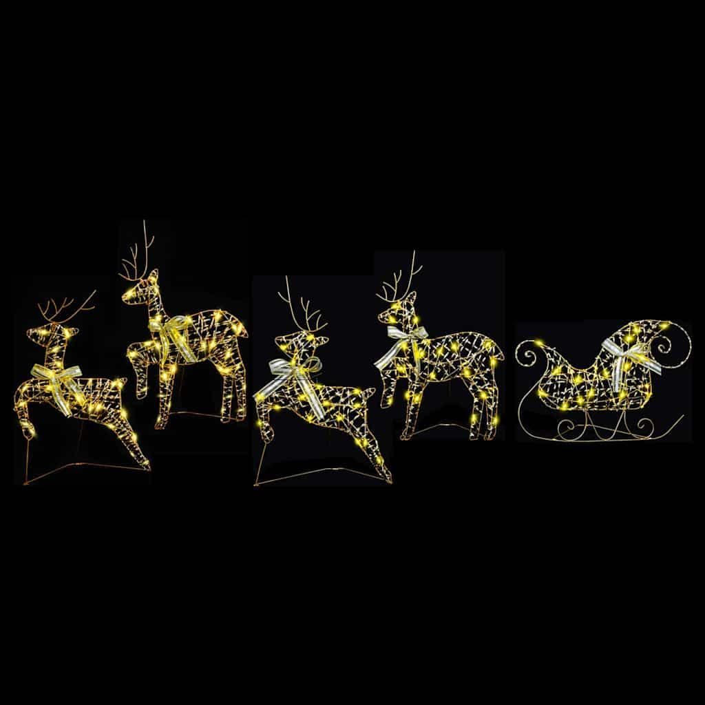 LED Rentiere mit 40 LEDs, 5-teiliges Set aus Gold PET, 44 x 18 x 65,5 cm, USB betrieben, Weihnachtsbaumschmuck und festliche Dekoration für Innen und geschützte Außenbereiche, Art-Deco Stil