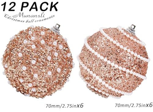 Rose Gold Christmas Ball Ornaments, Christmas Ball Decorations Shatterproof Plastic Hanging Pearl Balls for Holiday Party(70mm/2.76", 12ct) - image 4