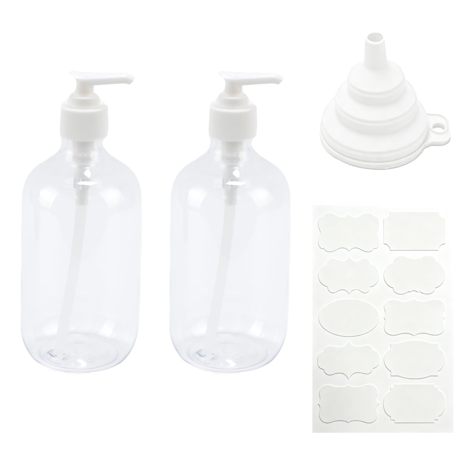 2 Pcs Soap Dispenser, 500ML/17oz Pump Bottle Dispenser, Empty Refillable Shampoo and Conditioner Bottles for Bedroom Kitchen Lotions Washing Up Liquid Dispensers, with Funnel & Stickers(Clear)