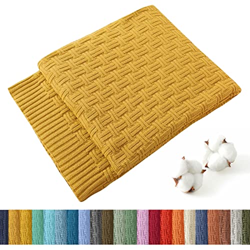 Image of TREELY 100% Cotton Knitted Throw Blanket 50 x 60 Inches, Mustard Yellow
