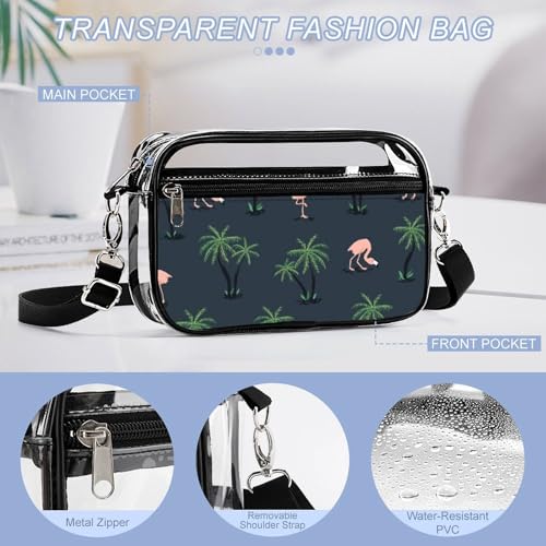 Pink Flamingo Birds and Palm Trees Clear Purse Messenger Bag Crossbody Bags with Adjustable Shoulder Strap Front Pocket4