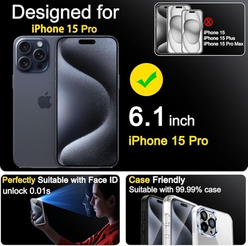 Image of Ferilinso 3 Pack Screen Protector for iPhone 15 Pro, Tempered Glass, HD