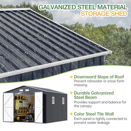 Image of Breezz 10x12 FT Outdoor Storage Shed with Skylight Roof Panels, Metal Garden Tool Shed with Lockable Doors and Windows, Large Utility Shed for Patio Backyard Storage, Night Blue