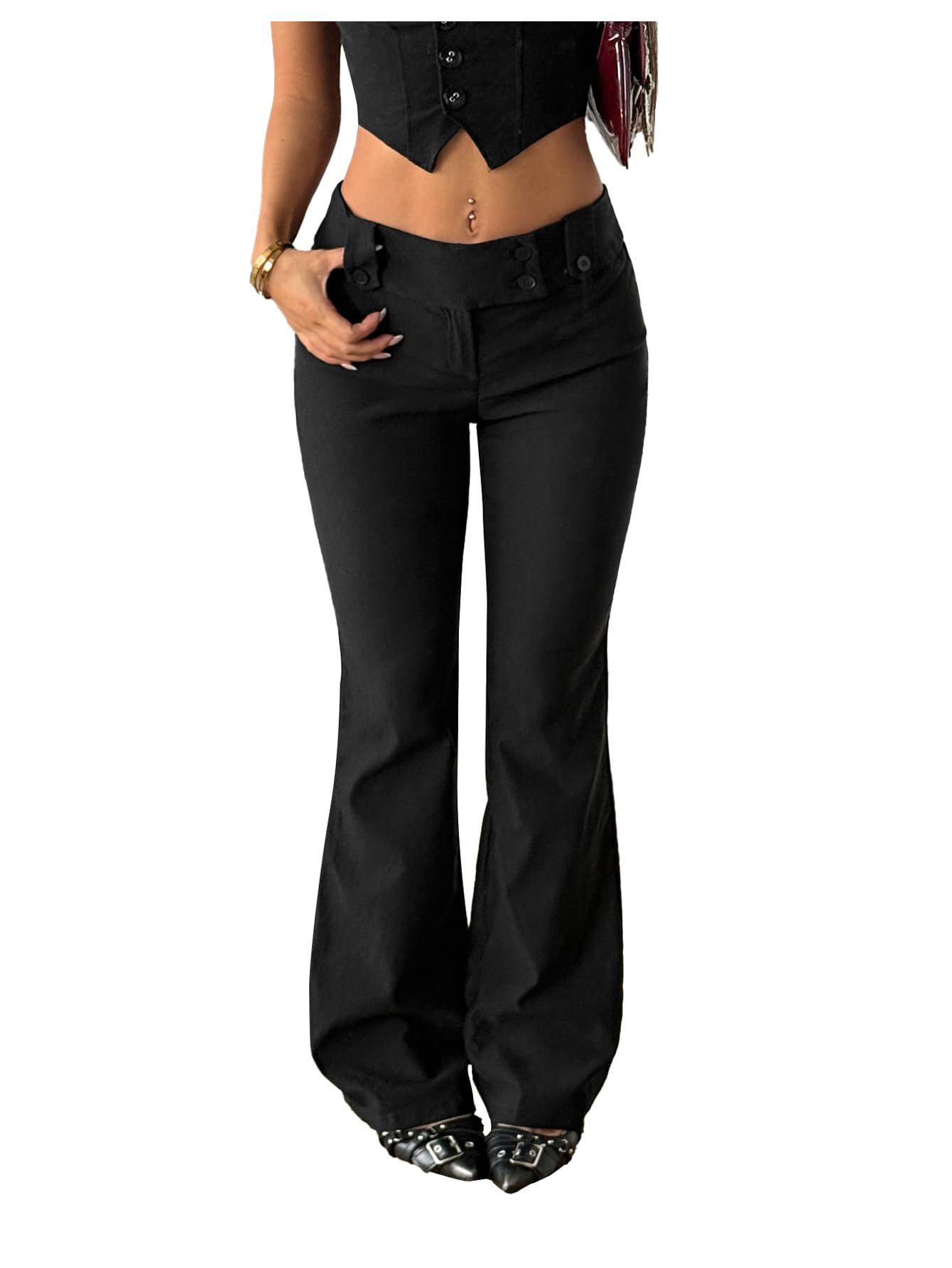 Milumia Womens Wide Leg Bell Bottom Dress Pants Old Money Low Waist Wide Waistband Work Office Trousers