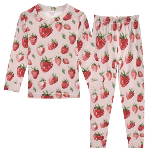 Pink Strawberries Pattern Cute Pajama Sets Long Sleeve Top and Pants, Snug Fit Sleepwear for Night Wears