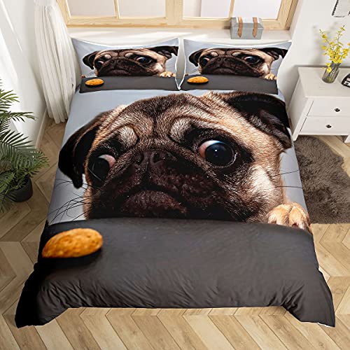 Pug Dog Comforter Cover Set, Kawaii Dog Bedding Set, Kids Boys Cute Animal Dog Duvet Cover, King Size for Girls Women Kawaii Room Decor, Lovely Puppy Dog Bedspread Cover, Soft Microfiber Cartoon