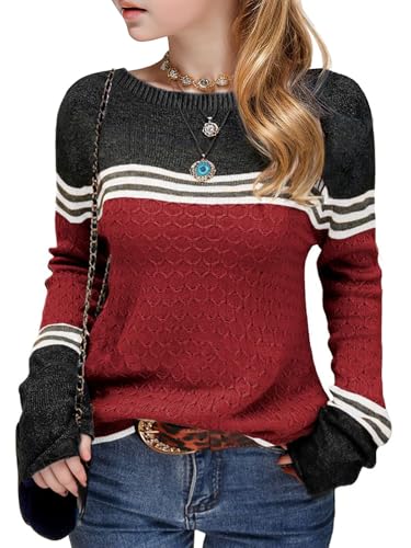 Seiciviy Girls Fall Sweaters Winter Long Sleeve Round Neck Color Block Striped Casual Loose Lightweight Spring Cozy Tops Wine Red