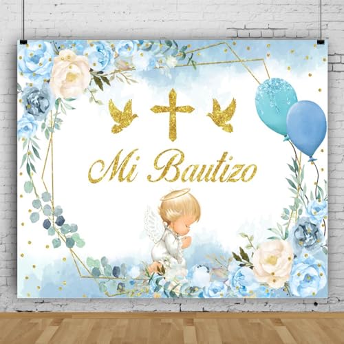 Toile de fond baptême bleu Mi Bautizo en vinyle de 3x2,4 m pour première communion de garçon
