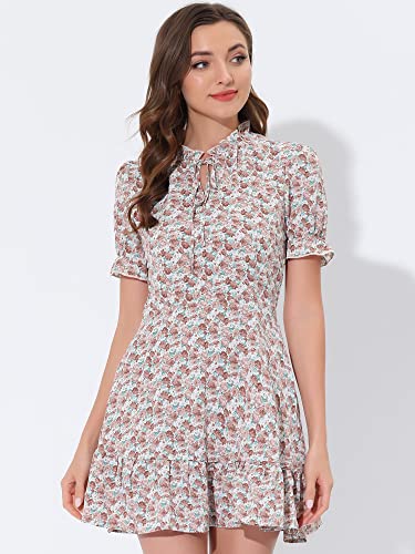 Image of Allegra K Womens Floral Chiffon Mini Dress Ruffle Hem Puff Short Sleeve | Ruffled Tie Neck, Summer Style, Sweet and Chic for Vacation Beach Wear