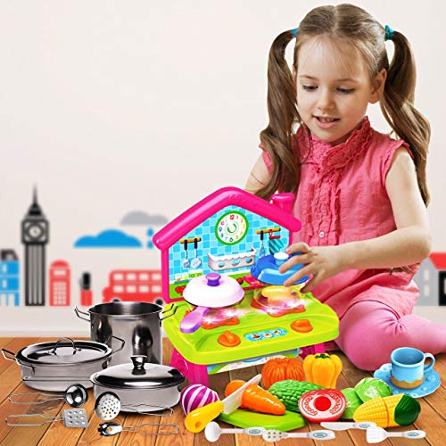 Toddlers Compact Play Kitchen - Mini Cooktop with Super Color-Changing Cooking Effect - Stainless-steel Toy Pots and Pans with Toy Utensils - Cutting Vegetables & Knife - Toy Kitchen Accessories