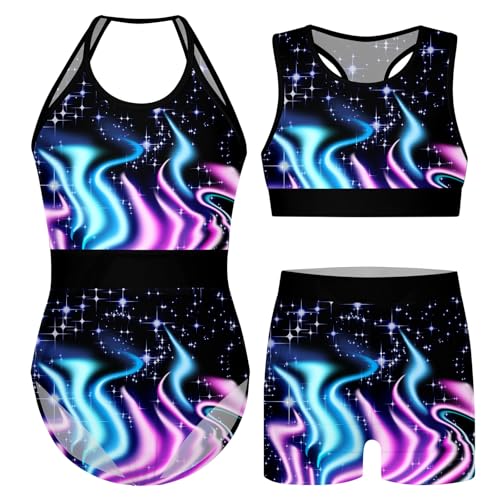 Vogseek Leotards for Girls Gymnastics with Matching Shorts Ballet Dance Set Kids Girl's Black Galaxy Athletic Leotards 2pc School Gym Sporty Split Gymnastics Suit,5 6 Year Old Blue Red Fire
