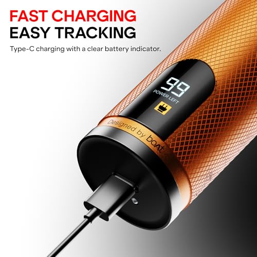 Image of boAt Slazer K100+ Full Body Trimmer for Men, 200 Min Run-Time, Stainless Steel + Ceramic, IPX6, Beard, Body, Nose, Type C, MultiGroomer, Battery Display & Travel Lock, All-in-one (Blaze Orange)