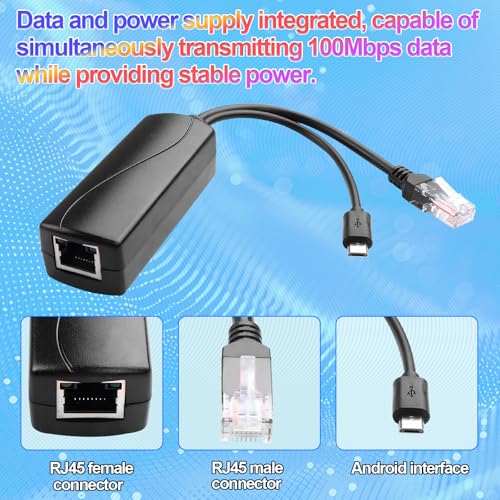 Micro USB POE Splitter Adapter compatible con estándar IEEE 802.3Af | Soporta Ethernet de 100Mbps, convierte de 48-57V entrada a 5V 2.4A salida, potencia máxima 12W negro miniatura 2