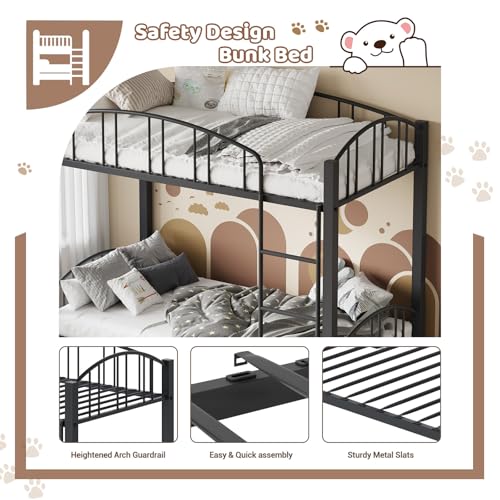 Bunk Bed Twin Over Twin with Stairs and Arched Guardrail, Sturdy Metal Slats Support, Space Saving, Noise Free, No Box Spring Needed, Ideal for Kid Room and Dorm, Black
