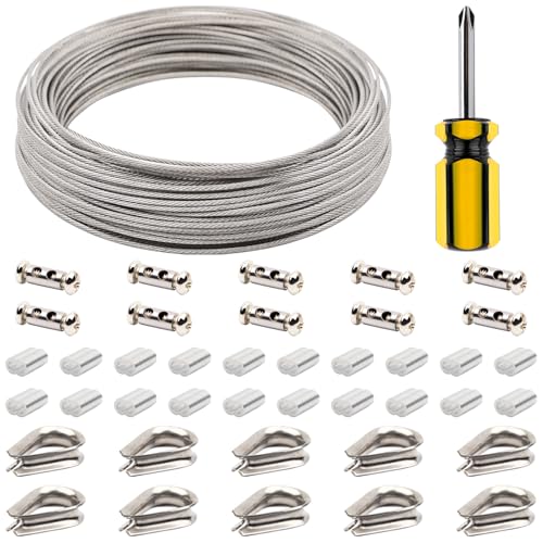 AMZSKU Cable de alambre de 1.5 mm, 30 m, cable de acero inoxidable 304 con manguitos de aluminio, cuerda de acero inoxidable puede colgar imágenes, cable de ropa, guía de luz, pesca