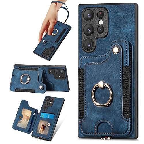 Funda de cuero para Galaxy S23 con tapa azul ranura de tarjeta y soporte