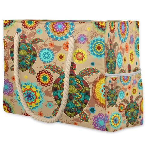 Painted Turtle Mandalas Beach Bag for Women Waterproof Sandproof Tote with Zipper Cotton Rope Handles for Travel Pool Gym Shopping
