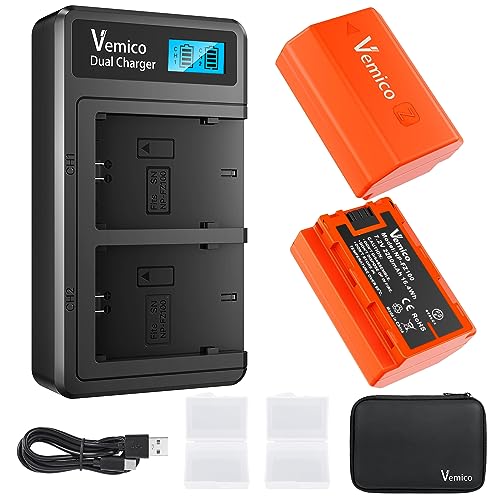 Vemico NP FZ100 Cargador de Batería Kit 2 X 2280mAh Baterías de Repuesto con LCD Doble Tipo C Cargador para ZV E1/Alpha A7 III/A7R III/A7 IV/ A7R IV/A9/A9r/A9 II/A9s/A7R3/A6600/FX3/FX30
