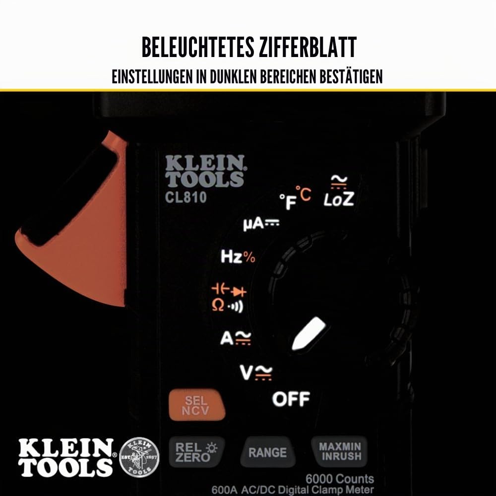 Klein Tools CL810 Digitales Zangenmultimeter 600A AC/DC | TRMS Auto-Ranging Stromzange | Spannung Widerstand Frequenz Kapazität Temperatur | NCV LoZ Durchgangsprüfung | Arbeitslicht CAT III