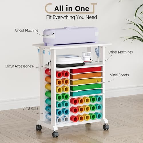 Craft Organizers and Storage Compatible with Cricut Machines, Rolling Storage Cart with Vinyl Roll Holders Crafting Table for Adults