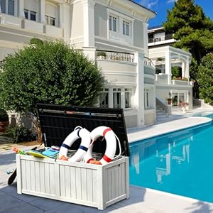 Yitahome 120 gallon large deck box resin outdoor storage box wlockable black lid for outdoor pillows garden tools and pool supplies waterproof lockable grayish white  urban country home decor