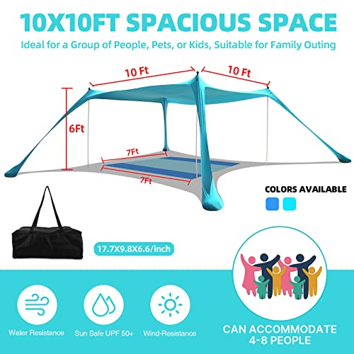 Beach Tent Sun Shelter UPF50+, 10x10 FT Family Beach Shade Canopy with 4 Aluminum Poles, Beach Blanket, Carrying Bag and Sand Shovel, Outdoor Pop Up Tent for Beach Camping Trips - Image 3