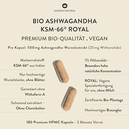 SUNDAY NATURAL® Bio Ashwagandha Kapseln - KSM-66® ROYAL – Hochdosiert 1.000mg Wurzelextrakt mit 50mg Withanoliden (5%) pro Tagesdosis – 180 Kapseln - Ashwaganda aus Indien