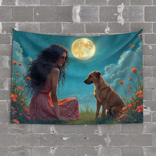 Garage Decor for Men A Woman in A Floral Dress Sits Beside Her Dog Under A Full Moon Tapestry Tapestry Aesthetic Funny Room Decor(100X150CM)