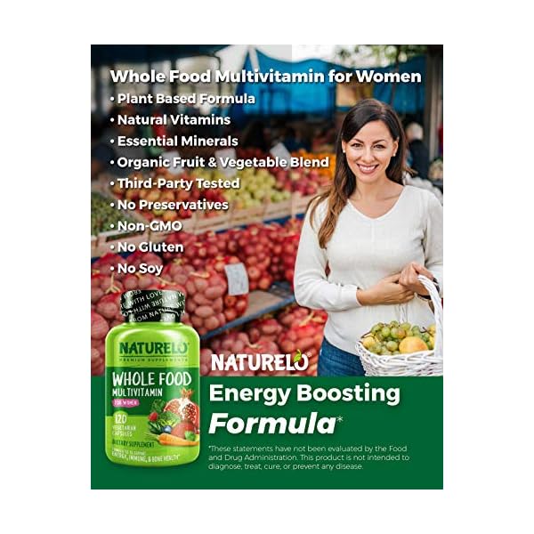 NATURELO-Whole-Food-Multivitamin-for-Women-with-Vitamins-Minerals-Organic-Extracts-Supplement-for-Energy-and-Heart-Health-Vegan-Non-GMO-120-Capsules NATURELO Whole Food Multivitamin for Women - with Vitamins, Minerals, & Organic Extracts - Supplement for Energy and Heart Health - Vegan - Non GMO - 120 Capsules