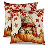 2 Stück Herbst Kissenbezüge,45 x 45cm Katze Ahornblätter Kürbis Kissenbezüge,Dekorative Kissenbezug Erntedankfest für Wohnzimmer Sofa Patio Funiture Home Schlafzimmer Couch Dekor