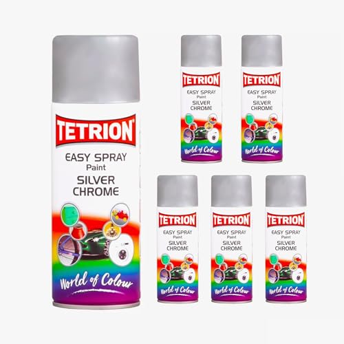 Image of Tetrion Easy Spray Paint - Chrome Silver 400ml (Pack of 6) - Reflective Acrylic Spray for Wood, Metal, Plastic, Ceramic & More - Fast-Drying, Smooth Mirror Finish, Indoor & Outdoor Use, 13.5 Oz
