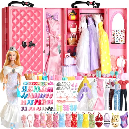 UCanaan 180 Pcs Doll Clothes and Accessories Set, Princess Gowns, Dresses, Tops, Pants, Shoes, Hangers, Fashion Doll Wardrobe, Ages 3+ Best Gitfs for...