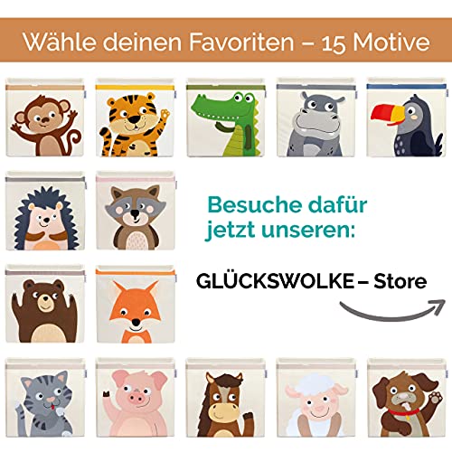 GLÜCKSWOLKE Kinder Aufbewahrungsboxen - 15 Motive I Spielzeugkiste mit Deckel für Kinderzimmer I Spielzeug Box Affe (33x33x33) Aufbewahrung Kallax Regal I Dschungel Aufbewahrungsbox (Kiki Kletteraffe)