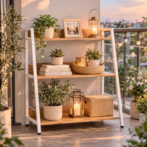 Image of Ladder Shelf, 3 Tier Bookshelf, Small Bookshelf for Small Spaces, Wood and Metal Bookcase, Ladder Bookshelf, Modern Storage Shelf for Living Room and Office (White, Ladder)