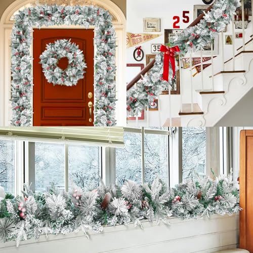 Snow Flocked Christmas Garland with Lights for Mantle, Stairs, Door - 9 FT - 100 Warm White LED - Timer Included