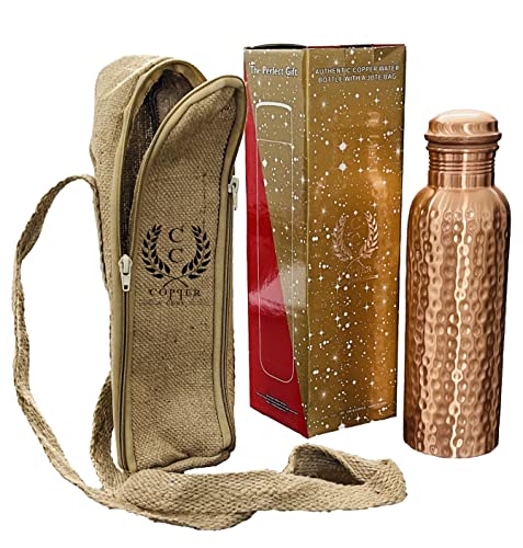 Pure Copper Water Bottle with an Exclusive Copper Cure Bottle Jute Bag- Solid Copper Handcrafted Hammered Bottle, Capacity 34 Oz/1000 ml Copper Bottle for Home, Office, Hotel and Gifting