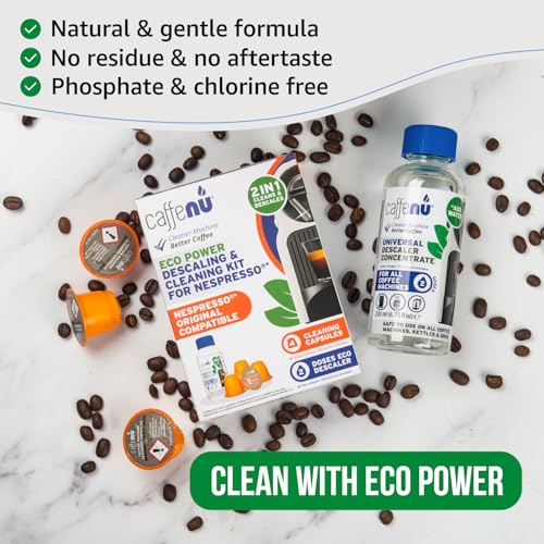 Image of Caffenu Nespresso Originaline Descaling Kit, 2-Use Solution and 4 Pods | Cuts through limescale, clears the pod area, and restores hotter, better-tasting coffee, includes 2-use solution and 4 pods.