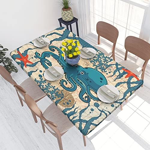 Vintage Octopus Nautical Compass Tablecloth Elastic Fitted Edge Table Cloth Rectangle Table Cover Washable Reusable for Kitchen Dining Picnic Party 4FT 48 X 30