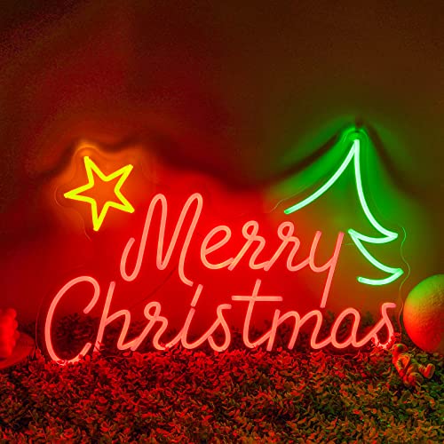 Image of Neon Signs Merry Christmas LED Sign for Christmas Decoration LED Neon Light Signs for Wall Decor House Home Window Balcony Christmas Party 23.62x15.75'' (with Tree and Star)
