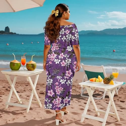 Womens Polynesian Puletasi Samoan Dress Short Sleeve One Shoulder Maxi Dress 2 Piece Outfit3