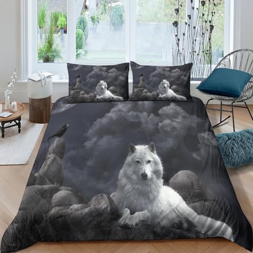 Funda nórdica de lobo blanco 220x240 cm con 2 fundas de almohada de microfibra para cama king 2