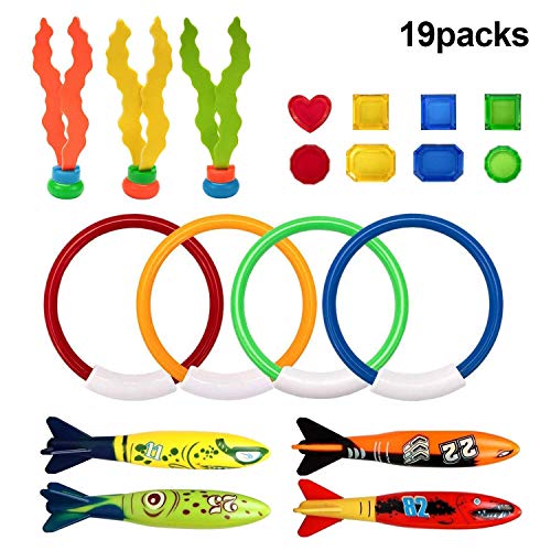 19 Jouets De Piscine De Plongée sous-Marine pour Piscine, 4 Anneaux De Plongée, 4 Bandits De Torpilles, 3 Poulpes Filants, Jouet De Plongée Pondéré De 8 Joyaux Joyaux, Coffret-Cadeau