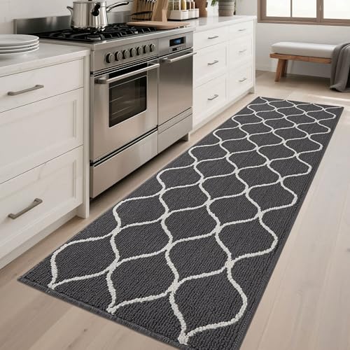 COSY HOMEER Küchenteppich rutschfest, 60 x 180 cm Küchenläufer Waschbar, Schmutzabweisend Läufer Küche Maschinenwaschbar für Küche, Waschküche, Eingang, Flur, Grau