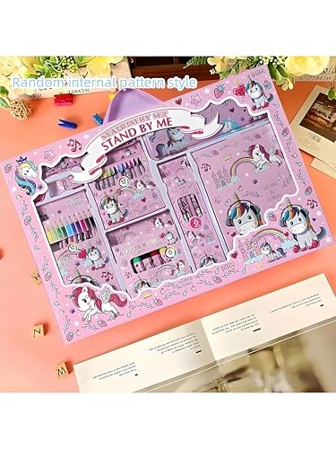 Image of WISHKEY 41 Pieces Unicorn Theme All-in-One Stationery Set, Stationery Items with Pencil Box, Notebook, Scale, Eraser, Sharpener, Crayons, Color Pencils, Color Pens, Pencils for Kids (Pink, 6+ Years)
