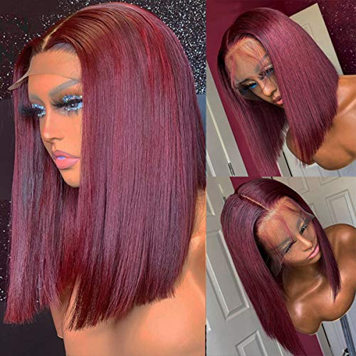 BESFOR Burgundy Bob Lace Front Wigs Short Cut Bob Wig Straight Virgin Human Hair Wig with Full Ends 13x4 Middle Part Frontal Lace Wig 150% Density 8inch
