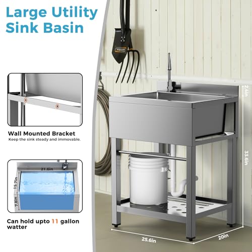 Image of Stainless Steel Utility Sink Freestanding Single Bowl Garage Sink 25 Inch | Shop Sink for Laundry Room Basement Garden Kitchen Pet Care Outdoor Indoor, w /t Cold & Hot Water Lines Standard P-trap 11 gal