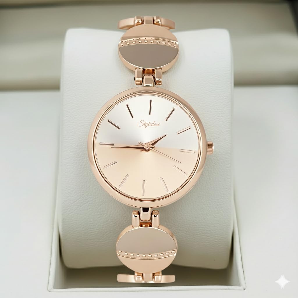 styledose Women’s Elegant Silver-Tone Bangle Watch Women Analogue Wrist Watches for Women's & Girls&Ladies Diamond Studded Rosegold Stylish Bracelet Strap (Rose Gold) 1