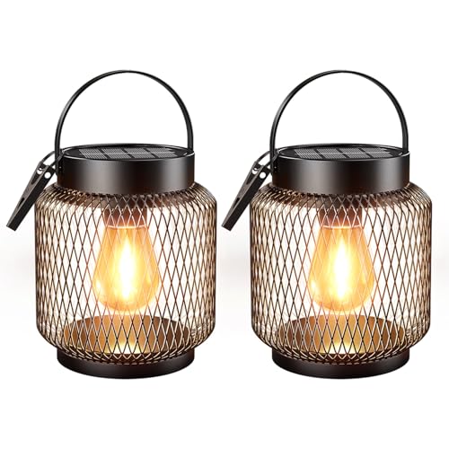 GEARLITE Solarlampen für Außen Hängend/Stehend, 2 Stück Metall Solar Laternen für Draußen mit Größer LED-Glühbirne, IP65 Wasserdicht Laterne für den Garten, Balkon, Outdoor, Terrassen, Warmweiß